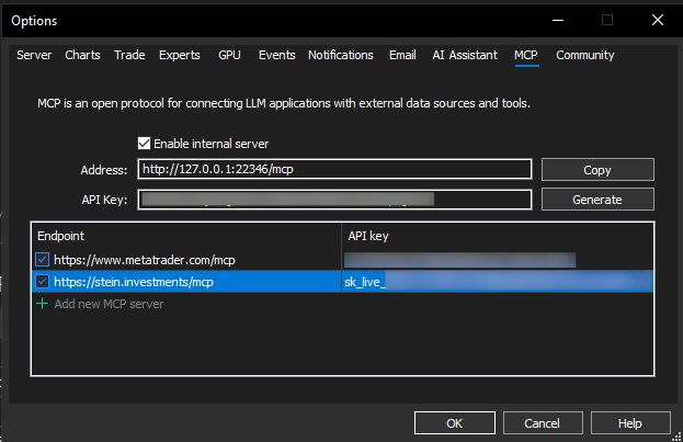 The MCP tab in the MetaTrader 5 options, with the Stein Investments endpoint in the server list