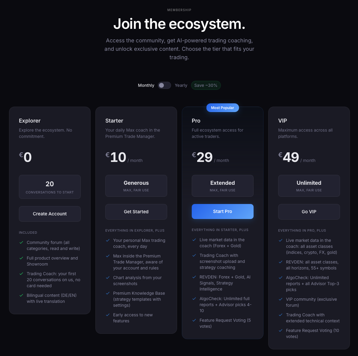 Starter membership is live: a coaching partner for every trader, from 10 € a month