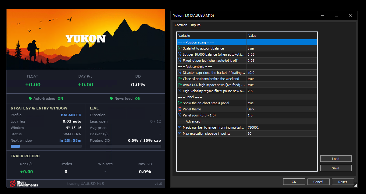 Yukon panel and properties dialog side by side, all settings visible